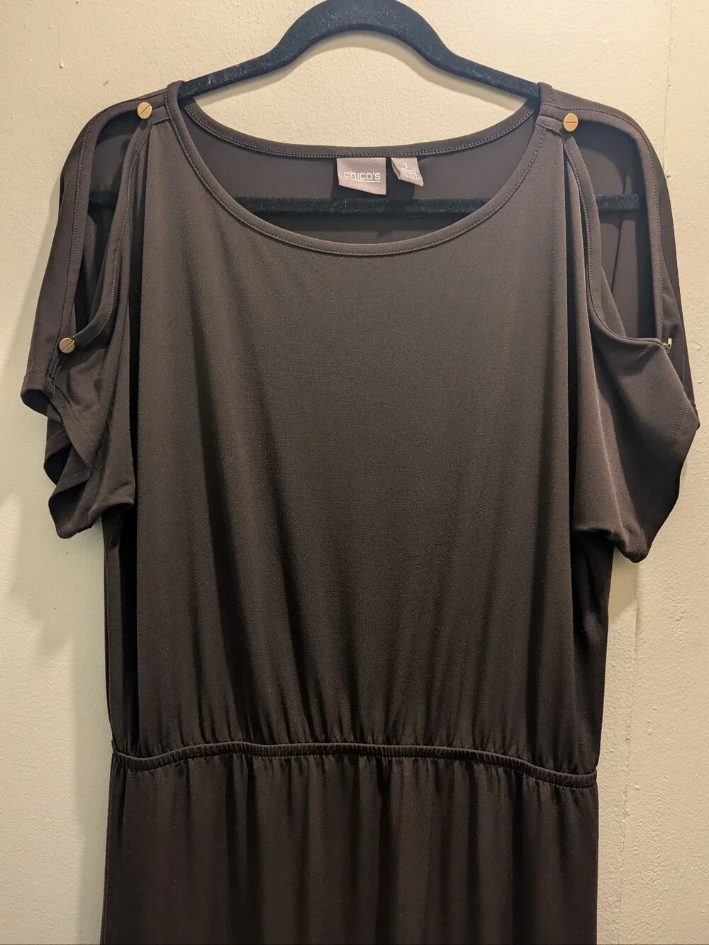 CHICO'S Francine Split Slv Maxi DRESS SOLID ROCKLEDGE BROWN- 1 (M/8)